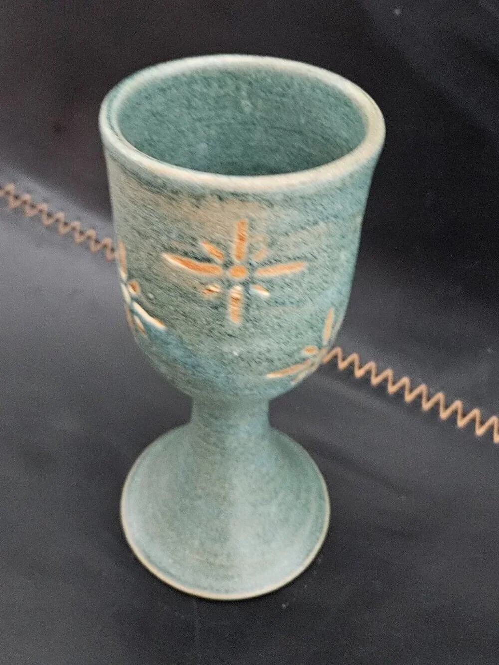 Vintage Kokopelli Studio Pottery Wine Goblet Signed Moki Blue Teal Glazed 2000